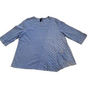 Focus Casual Life Top Blue Cotton Lagenlook V Neck Boho Relaxed Womens XL